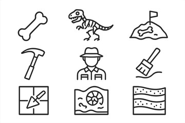 Obraz premium Paleontology Icon Set. Line style icons of paleontology: fossilized bone, dinosaur skeleton, excavation site, rock hammer,