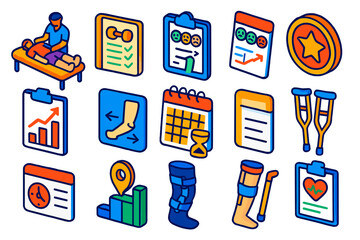 Injury Recovery Icons. Isometric vector illustration set Injury recovery tracking: physical therapy icon, exercise log, pain scale