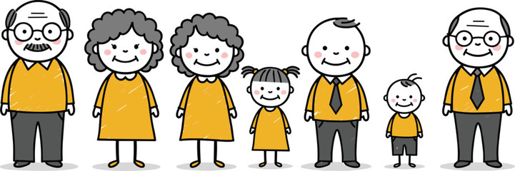 Cartoon family illustration, multi-generational group, grandparents, parents, children, happy faces, casual clothing, family unity, aging support, childhood, healthcare, elder care