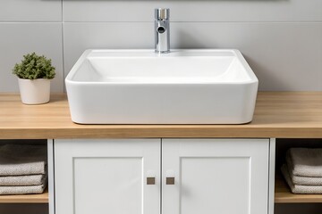 Fototapeta premium White Square Vessel Sink on Light Wood Vanity