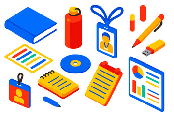 Conference Essentials Kit. Isometric vector illustration set Conference kit: training book, branded bottle, speaker ID card,