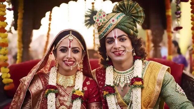 Indian Wedding Couple with Festive Palanquin.