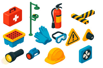 Lab Safety Equipment Icons. Isometric vector illustration set Lab emergency kit: first aid box, chemical shower, eyewash station,