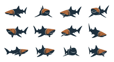 Fototapeta premium Twelve Cartoon Shark Illustrations - Dark Blue, Orange Gill, Various Poses.