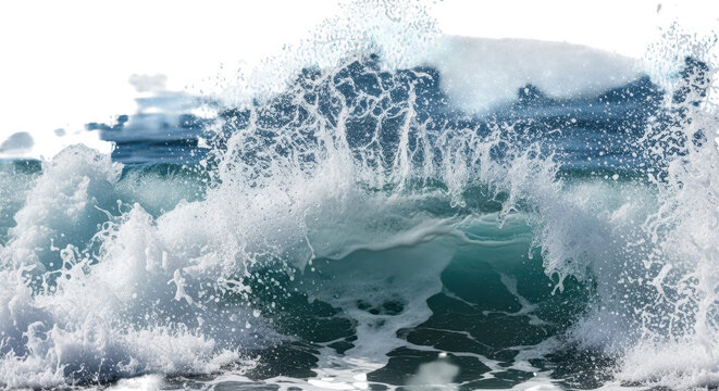 Powerful ocean wave crashing with majestic spray against a dark background