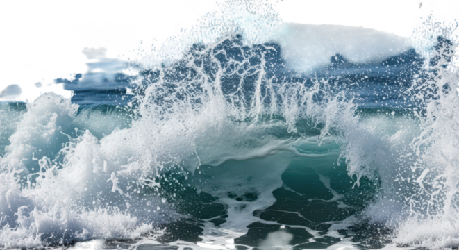 Powerful ocean wave crashing with majestic spray against a dark background