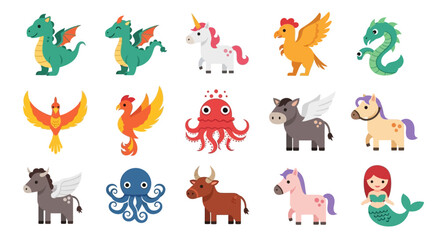 Obraz premium Vibrant Cartoon Mythical Creatures Set, including Dragons, Unicorns, and Phoenixes, in a Playful, Stylized Illustration.