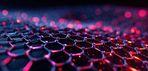 Abstract hexagonal lattice with glowing red and blue accents