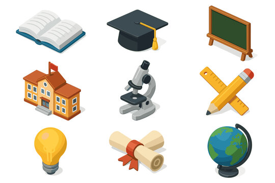 Nine stylized icons related to education. Each icon is designed in a minimalist 3D style with a variety of colors, such as brown, blue, green, and yellow.