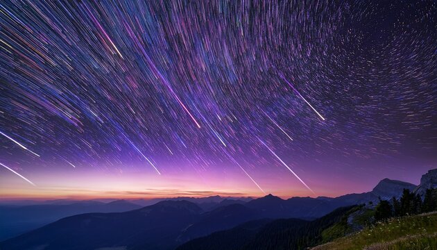 Pink And Purple Meteor Shower Streaks Across Night Sky Over Mountains