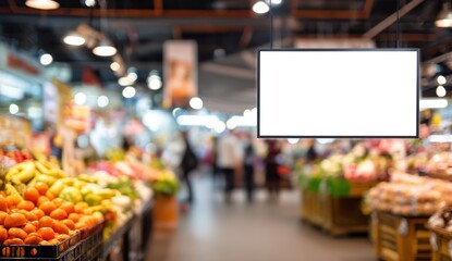 Supermarket interior with blank advertising board