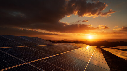 Solar panels at sunset clean energy renewable power sustainable technology alternative energy eco friendly environment nature landscape