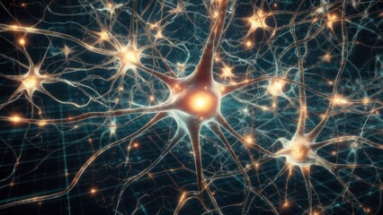 Dynamic neural network firing with bright energy, representing complex thought and scientific discovery