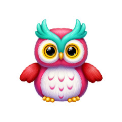 Cute Cartoon Owl Illustration with Bright Turquoise Eyebrows and Pink Belly