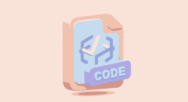 Illustration of a code file with brackets and the word 'CODE' on a purple banner.