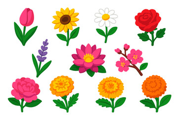 Vibrant Floral Icons. Isometric vector illustration set of floral elements: pink tulip, sunflower, daisy, red rose, lavender sprig