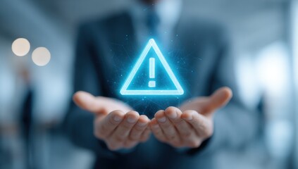 Businessman's hands hold a glowing exclamation triangle