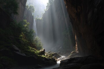 Sunlit waterfall in a deep canyon