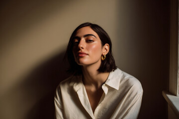 young woman wearing white shirt stands by window softly illuminated by warm ultrabright light