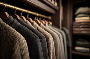 Obraz premium Organized suits hanging in a dark closet