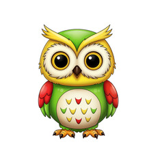 Cute Cartoon Owl Illustration with Bright Turquoise Eyebrows and Pink Belly