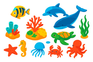 Naklejka premium Vibrant Ocean Icons. Isometric vector illustration set Ocean Life: coral reef, tropical fish, sea turtle, dolphin, whale, starfish