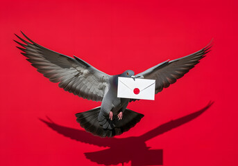Grey Pigeon Carrying a White Envelope on Red Background