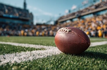 Football on field, stadium in background