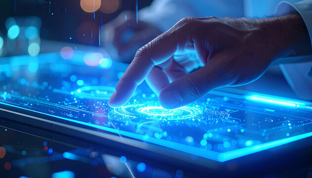 Touchscreen Technology: A hand delicately interacts with an illuminated, interactive touchscreen interface, visualizing futuristic technological capabilities