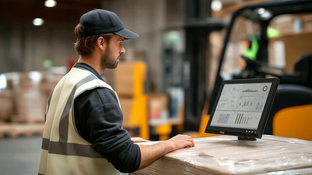 A factory worker monitors a robotic palletizer in a shipping warehouse with pallets stacking forklifts moving a digital dashboard updating and boxes sealed nearby captured