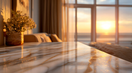 Interior view of a room with a marble table and a vase of flowers overlooking the ocean at sunset