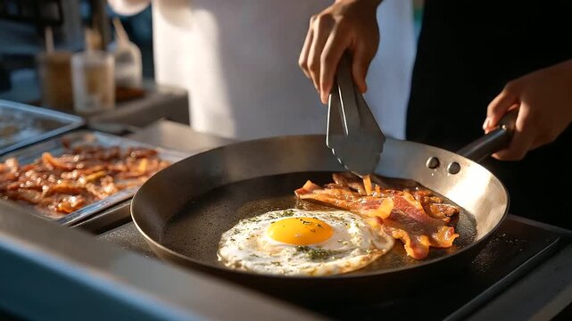 A food truck cook their face sweating prepares fried egg and bacon on a griddle its surface scarred. The egg its yolk runny sits beside bacon its fat glistening. A metal spat