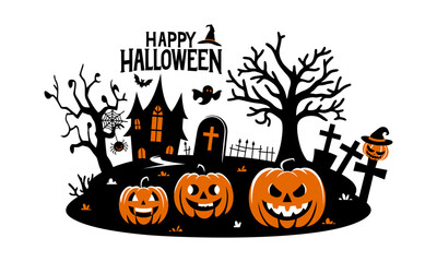 Vector illustration of Halloween Pumpkin with Haunted Castle and Creepy Graveyard