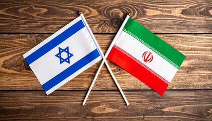 Flags of Israel and Iran crossed on wooden surface, symbolizing geopolitical tension and complex international relationship.