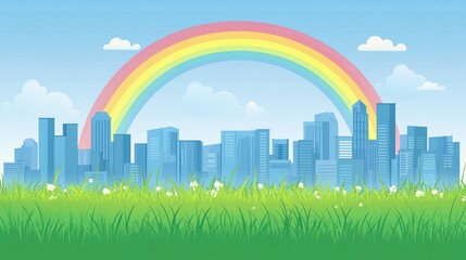 Cityscape with rainbow and grass