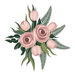 Soft Pink Rose and Tulip Floral Bouquet – Elegant Botanical Vector Illustration.