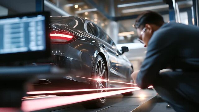 A mechanic tests a car&rsquo;s alignment in a garage with lasers guiding tires spinning a digital screen showing angles and tools neatly hung shown in a precise photo with laser lin
