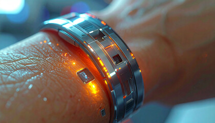 Smart Bracelet Innovation: A person wears a futuristic silver bracelet, showcasing cutting-edge design and seamless integration of technology on the wrist. Capturing technological advancement.