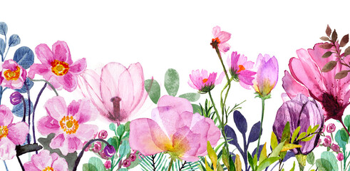 Sfondo floreale con fiori rosa misti, foglie e ramoscelli. Illustrazione ad acquerello, giardino in fiore, primavera