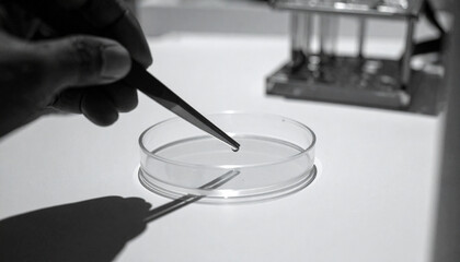 Black and white fine art photograph of a scientists hand holding tweezers above a petri dish background