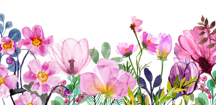 Sfondo floreale con fiori rosa misti, foglie e ramoscelli. Illustrazione ad acquerello, giardino in fiore, primavera
