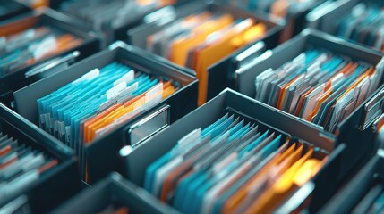 Archival boxes filled with colorful documents suggesting meticulous record keeping and organized information management