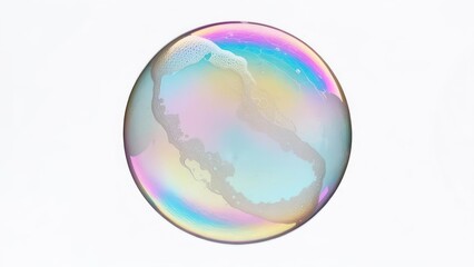 Iridescent soap bubble with swirling foam reflects vibrant rainbow colors against a clean white background