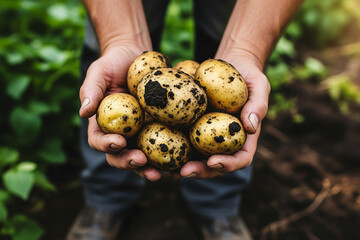 Farmer s hands holding freshly harvested quail eggs in garden
