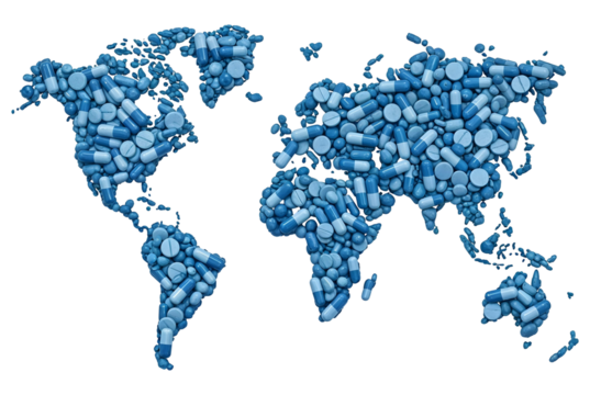 Symbolic care without borders — world map of pills, isolated on transparent background, png - Powered by Adobe