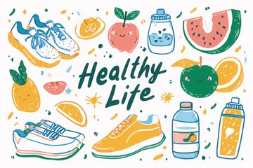 Colorful illustration promoting a healthy lifestyle with fruits, drinks, and sports shoes