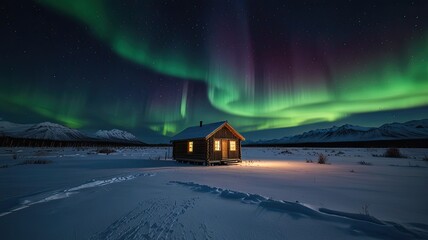 Aurora borealis, northern lights over wooden house in winter