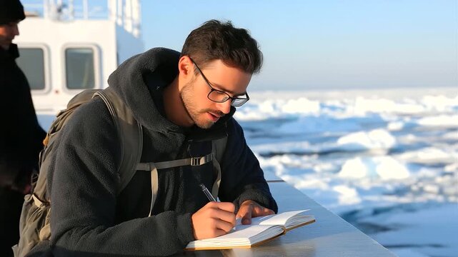 A researcher their glasses fogged records data in a notebook its pages creased on an ice floe. A metal anemometer its blades spinning hums nearby. A backpack its straps fray