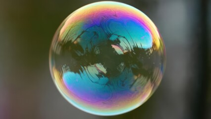 Mesmerizing iridescent soap bubble reflects the world in vibrant, swirling colors, capturing transient beauty.