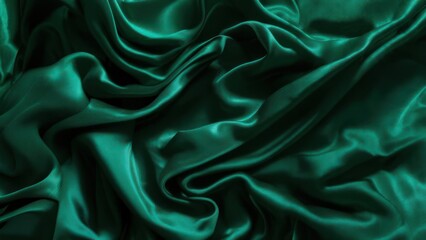 Obraz premium Luxurious flowing emerald green silk fabric texture with soft light and elegant drapes